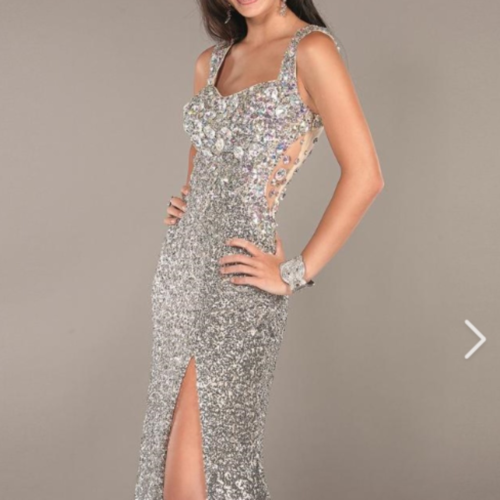 Jovani Iridescent Crystal & Silver Sequin Gown
